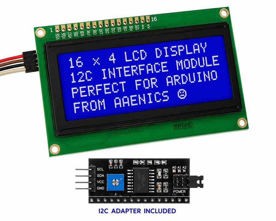 16×4 Character LCD Display Module with I2C Serial Interface (1604 LCD + I2C Backpack)